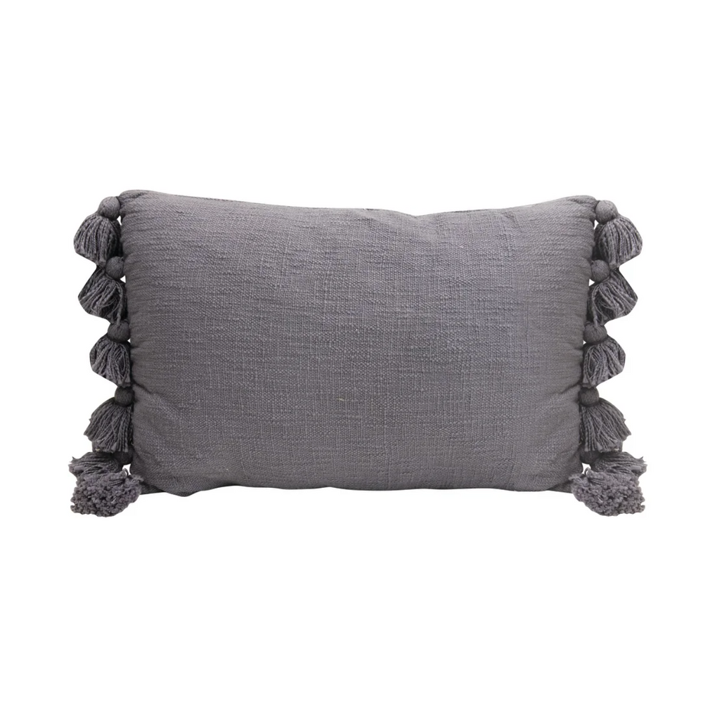 Cotton Slub Lumbar Pillow with Tassels - Light Grey