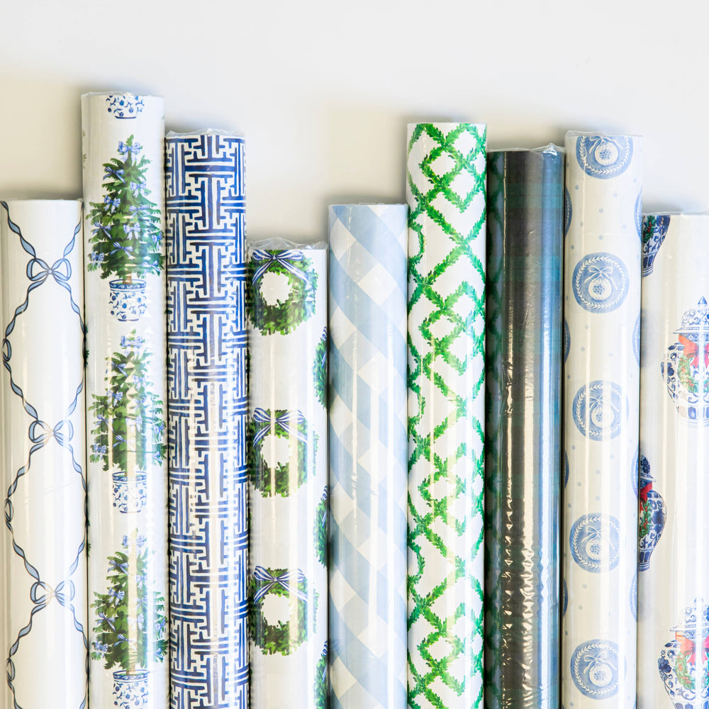 Continuous Roll Gift Wrap | Blue Bows Christmas Trees