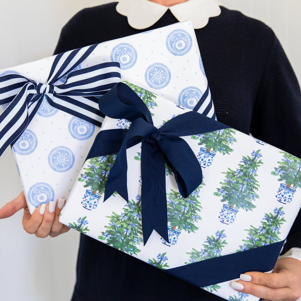 Continuous Roll Gift Wrap | Blue Bows Christmas Trees