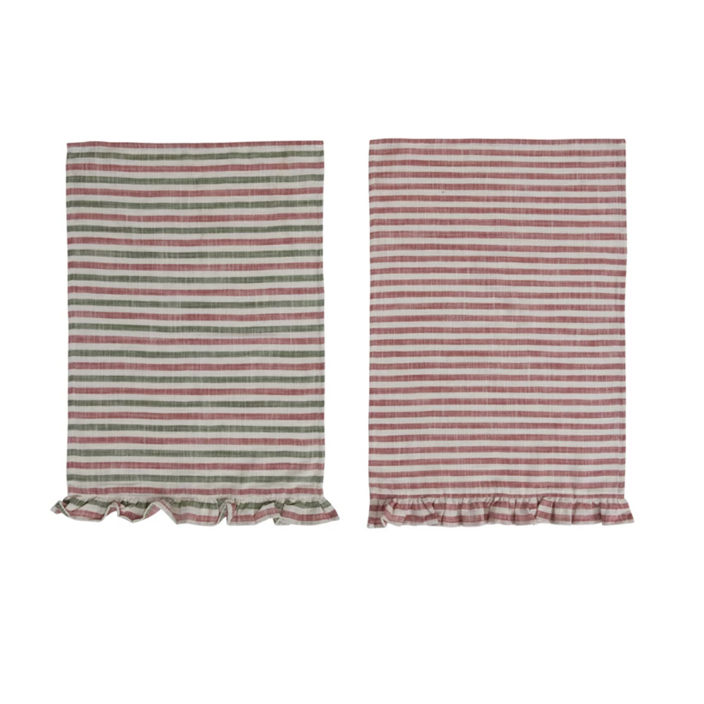 Woven Cotton Striped Tea Towel w/Ruffle